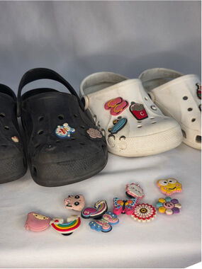 Two Pairs Crocs White Size Junior 1 & Black Junior 3 with Charms